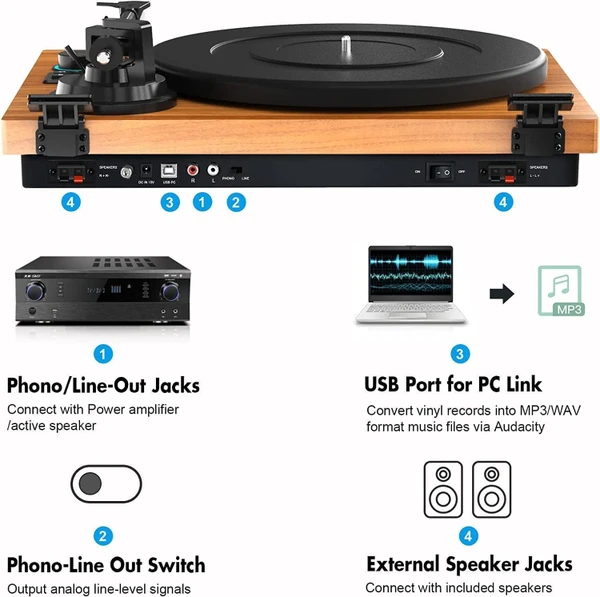 گرامافون چوبی رومیزی با سیستم HiFi و بلوتوث،دو اسپیکر جانبی مدل B10A - تصویر 2
