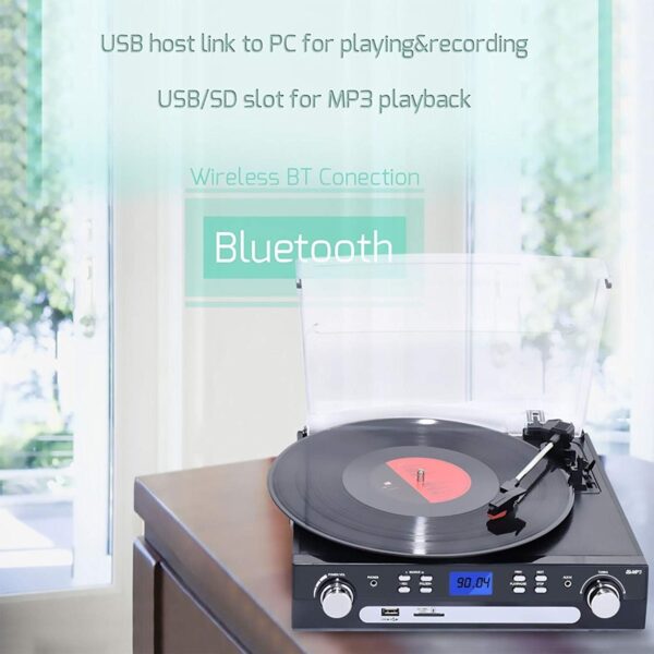 گرامافون رومیزی برند DIGITNOW با اسپیکر استریو تبدیل وینیل به MP3، پخش کاست، رادیو AM/FM، USB و SD - تصویر 2