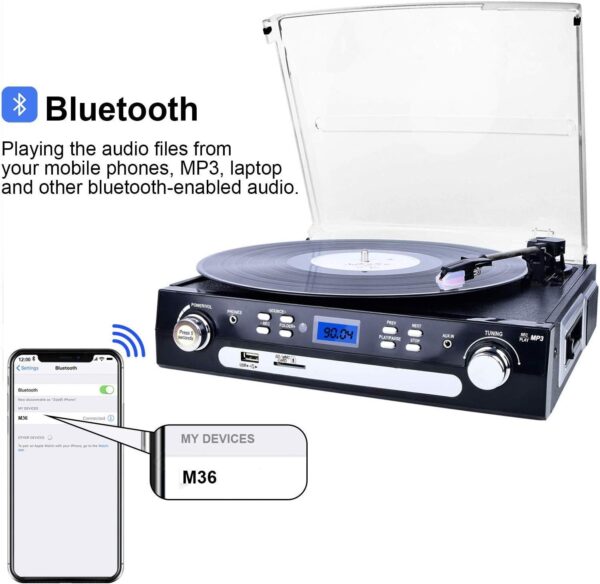 گرامافون رومیزی برند DIGITNOW با اسپیکر استریو تبدیل وینیل به MP3، پخش کاست، رادیو AM/FM، USB و SD - تصویر 6
