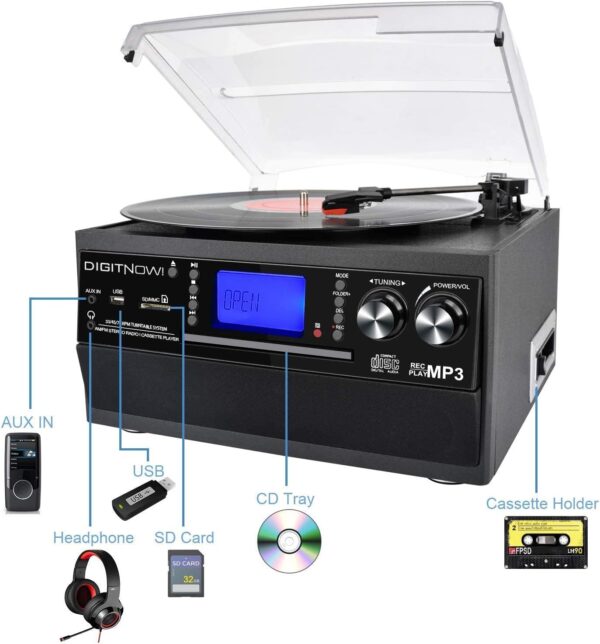 گرامافون برند DIGITNOW تبدیل وینیل LP به MP3، CD، کاست و آمپلی‌فایر داخلی - تصویر 5