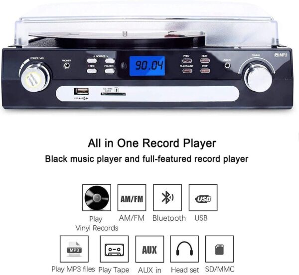 گرامافون رومیزی برند DIGITNOW با اسپیکر استریو تبدیل وینیل به MP3، پخش کاست، رادیو AM/FM، USB و SD - تصویر 7