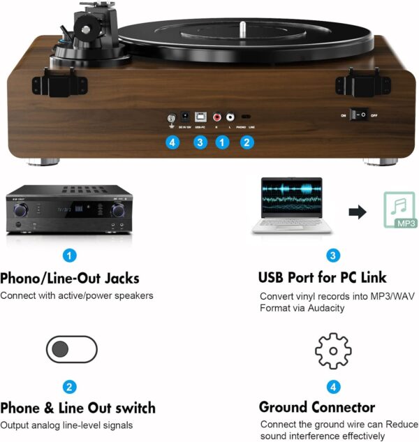 گرامافون بلوتوثی برند DIGITNOW با اسپیکر داخلی و قابلیت تبدیل وینیل به MP3 - تصویر 3