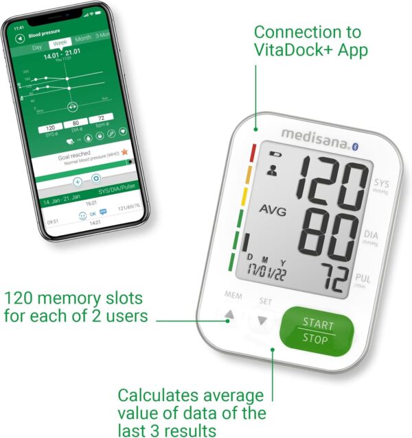فشارسنج بازویی هوشمند مدیسانا مدل BU 570 Connect بلوتوثی | اتصال به اپلیکیشن VitaDock و تشخیص ضربان نامنظم - تصویر 4