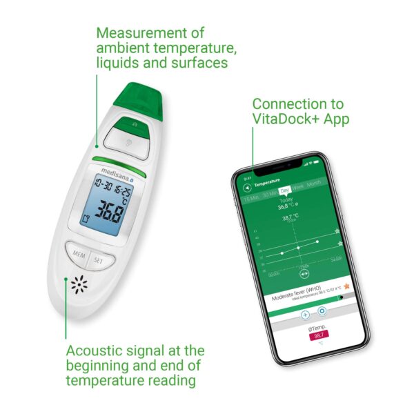 تبسنج دیجیتال 6 کاره مدیسانا مدل TM 750 Connect دماسنج گوش و پیشانی با بلوتوث - تصویر 4